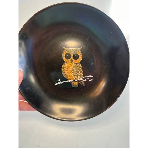 Vintage Couroc of Monterey Owl Inlay Bowl | MCM Black Resin Serving Dish 7.5" - Picture 4 of 9